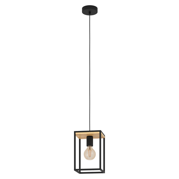 Libertad Single Drop Pendant in Black with Wood Detailing