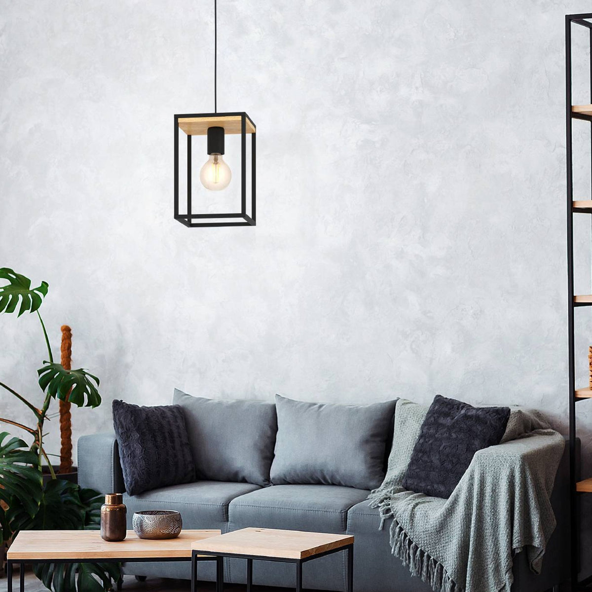 Libertad Single Drop Pendant in Black with Wood Detailing