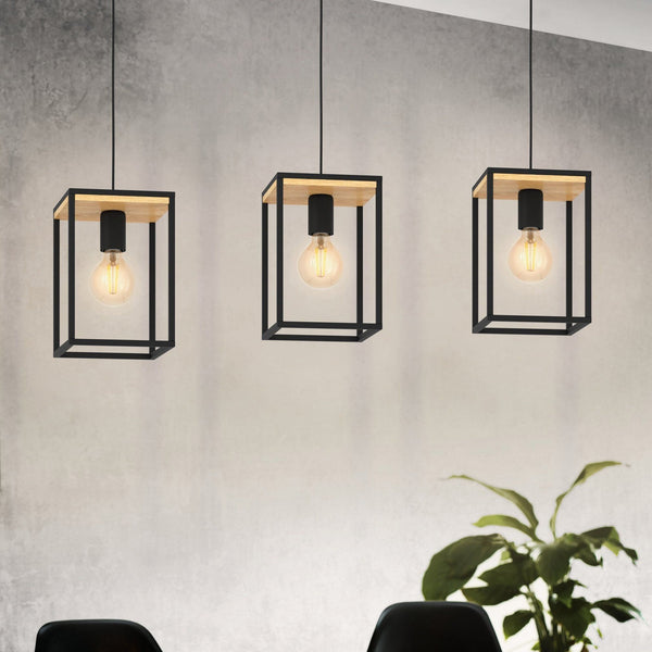 Libertad Triple Drop Linear Pendant in Black with Wood Detailing