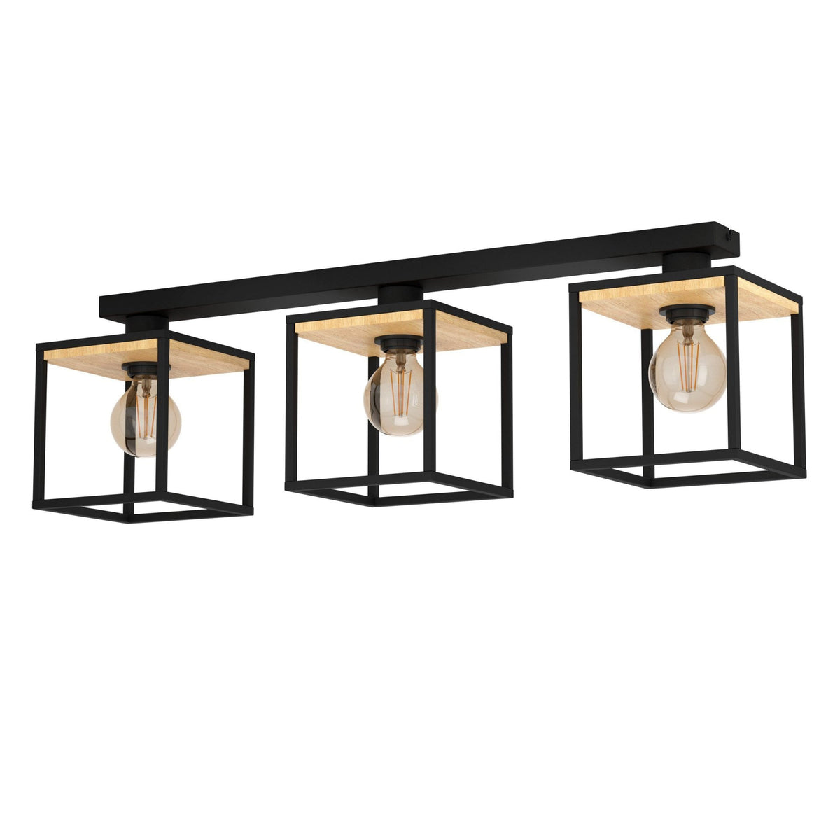 Libertad Triple Lamp Linear Ceiling Light in Black with Wood Detailing