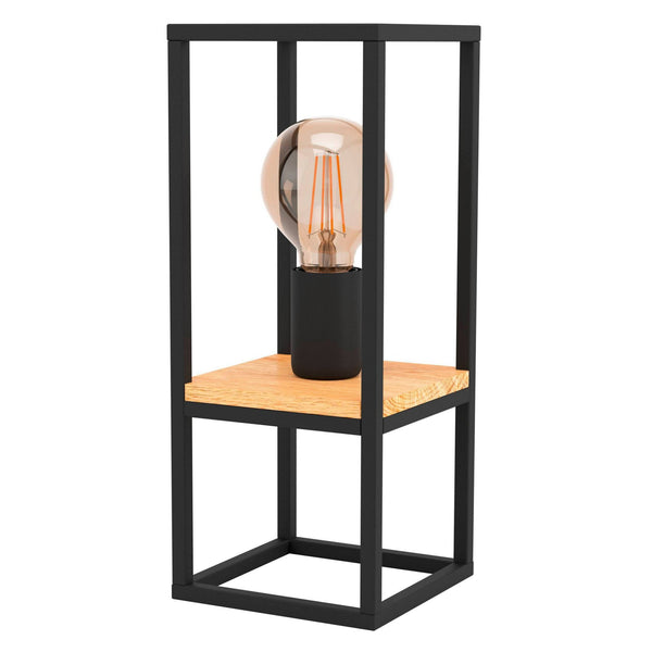 A black framed table lamp with a light wood base against a white background.