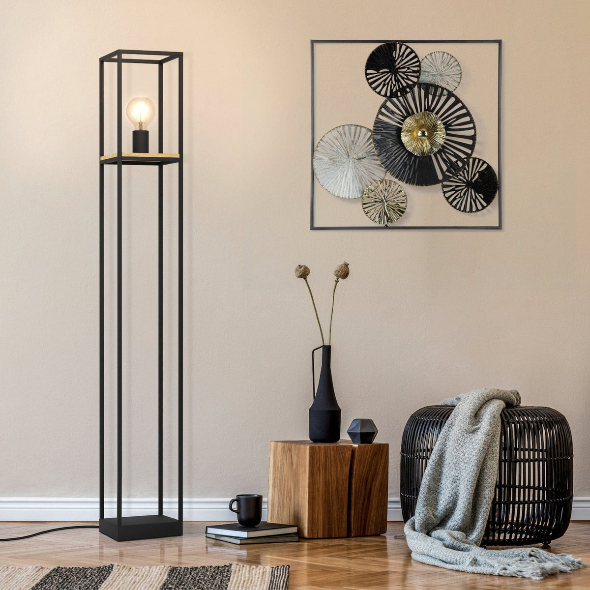 Libertad Floor Lamp in Black with Wood Detailing