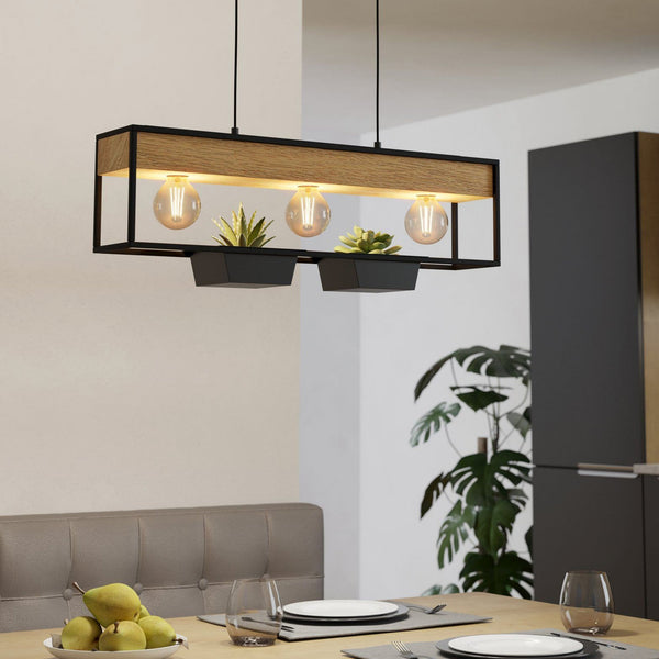 Libertad 1 Triple Lamp Linear Pendant in Black with Wood Detailing