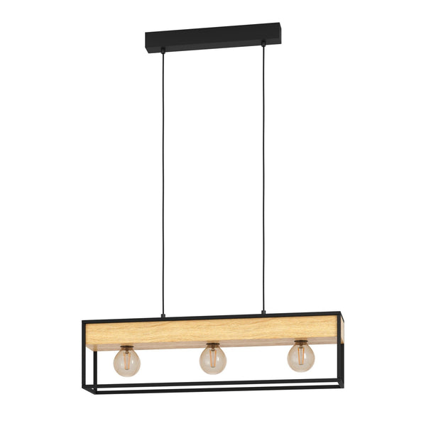 Libertad 1 Triple Lamp Linear Pendant in Black with Wood Detailing