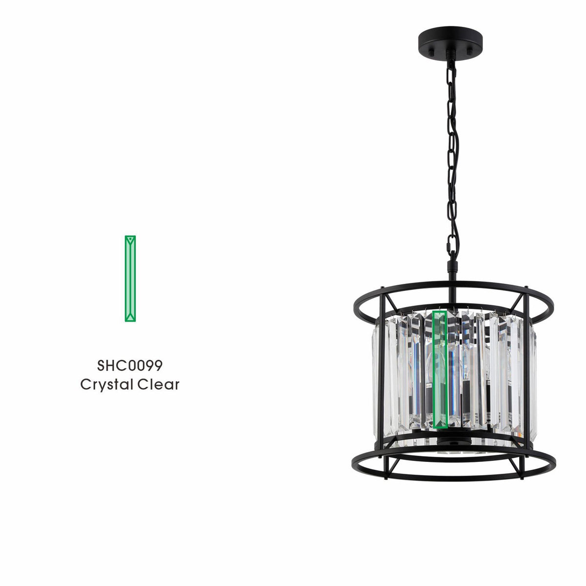 A black chandelier with crystal-clear glass bars around the light source.