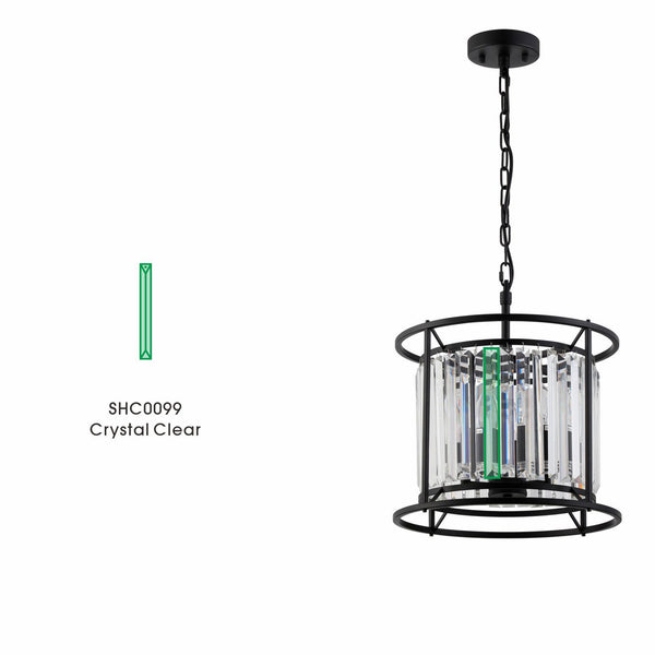 A black chandelier with crystal-clear glass bars around the light source.