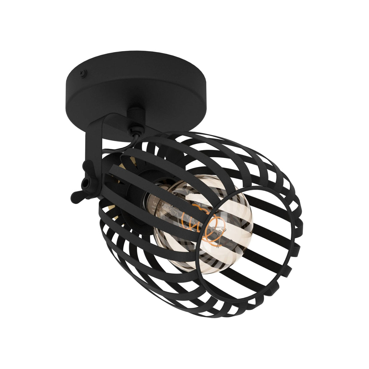 A black metal caged ceiling spotlight with an exposed filament bulb.