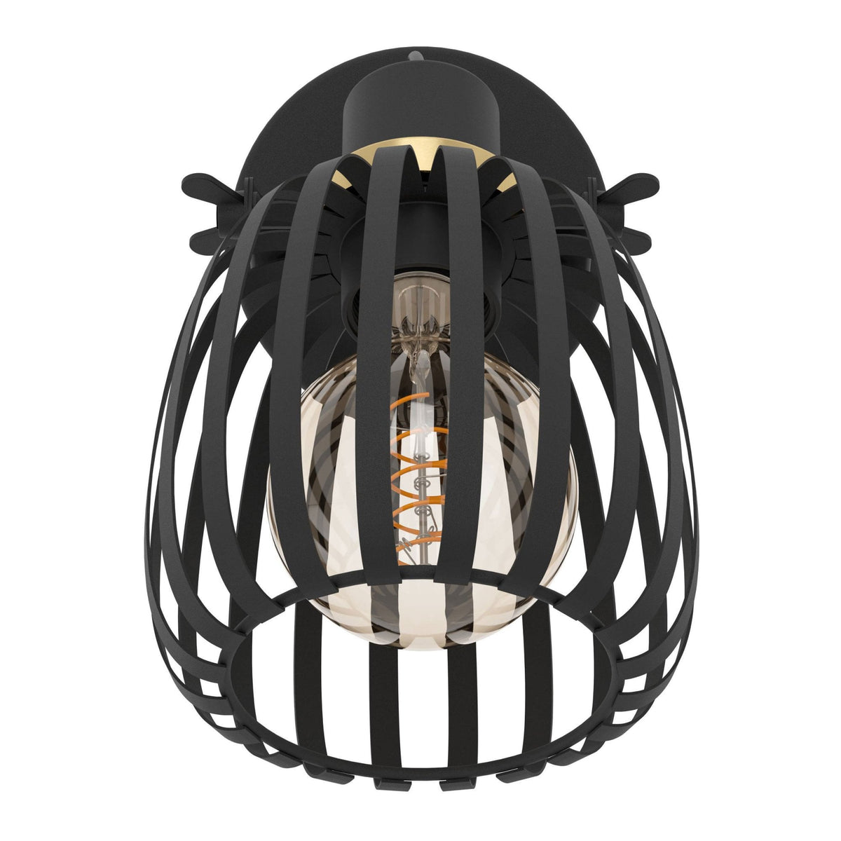 A close-up front view of a black metal caged wall light.