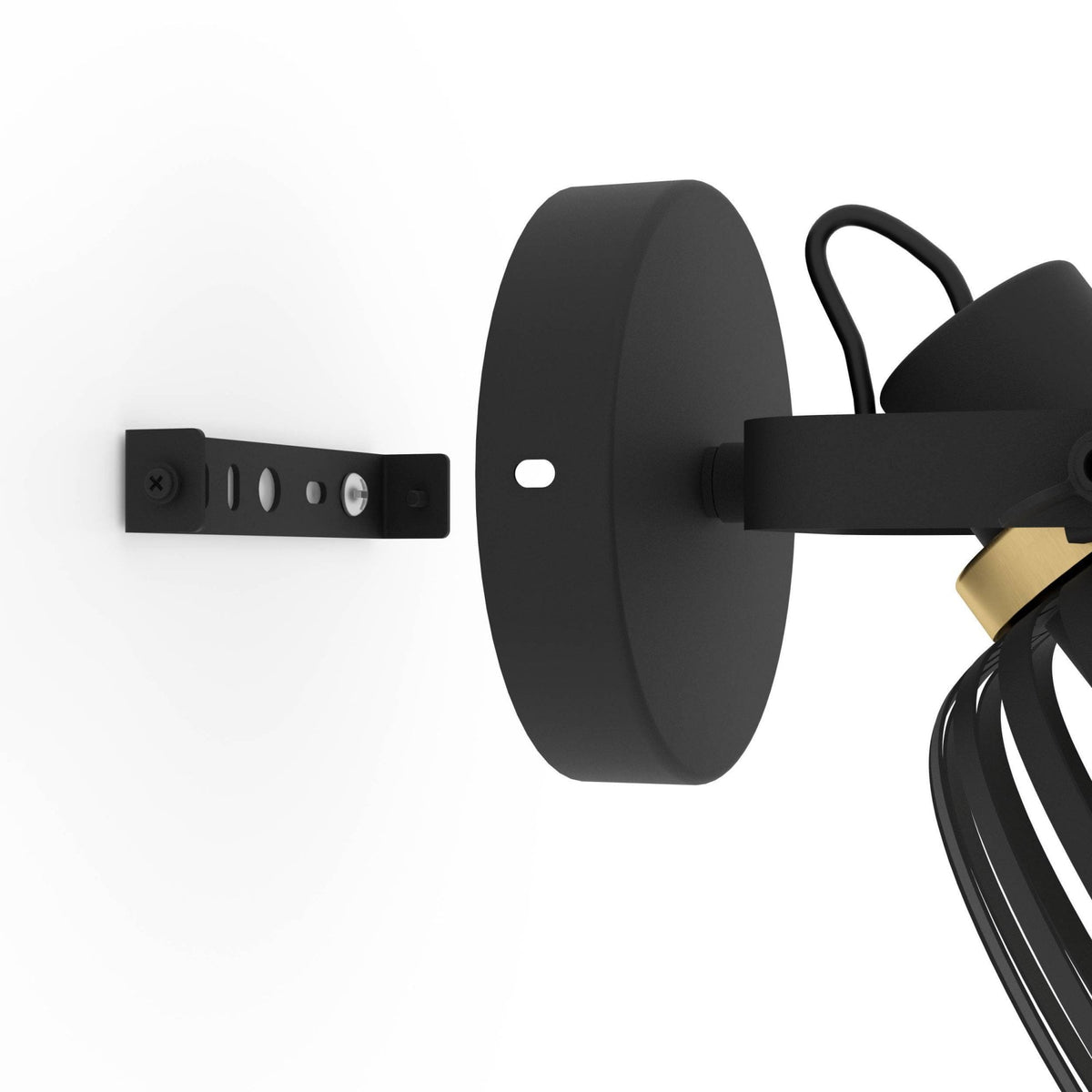 The rear view of a black wall light showing the mounting bracket.