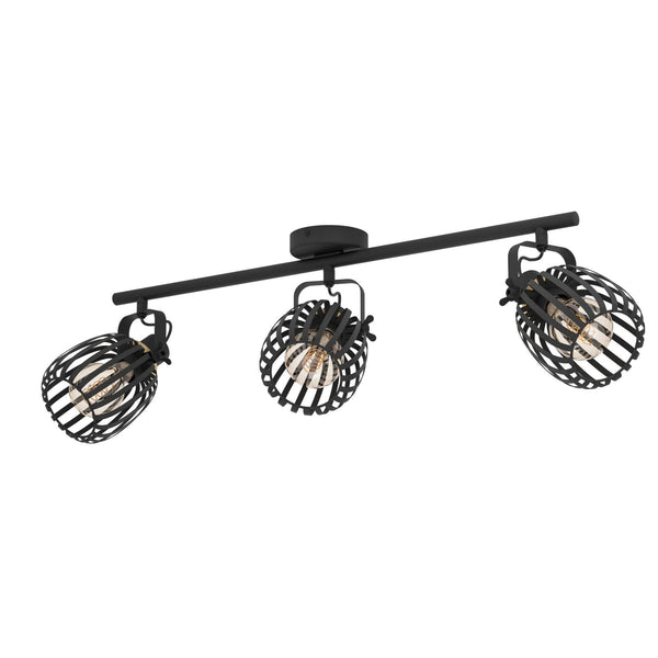 A black three-spot track light with caged heads, illuminating a white background.