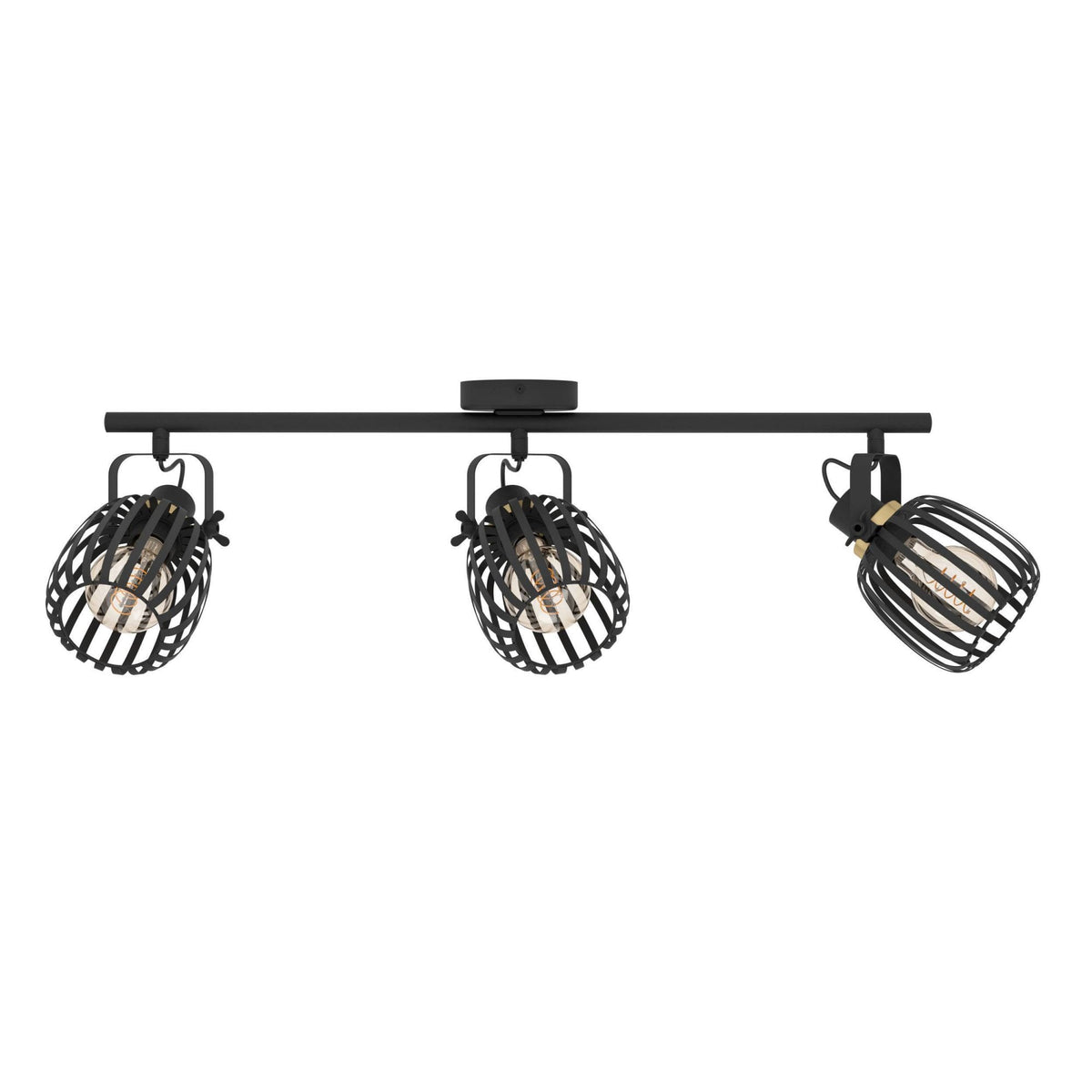 A black three-spot track light with caged heads, showing adjustable spotlights on a white background.