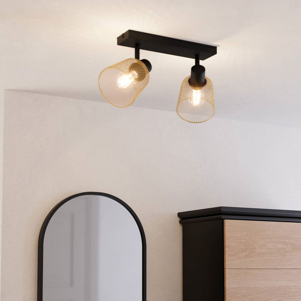 Coslada Twin Spotlight in Black and Brass Wire Mesh Shades