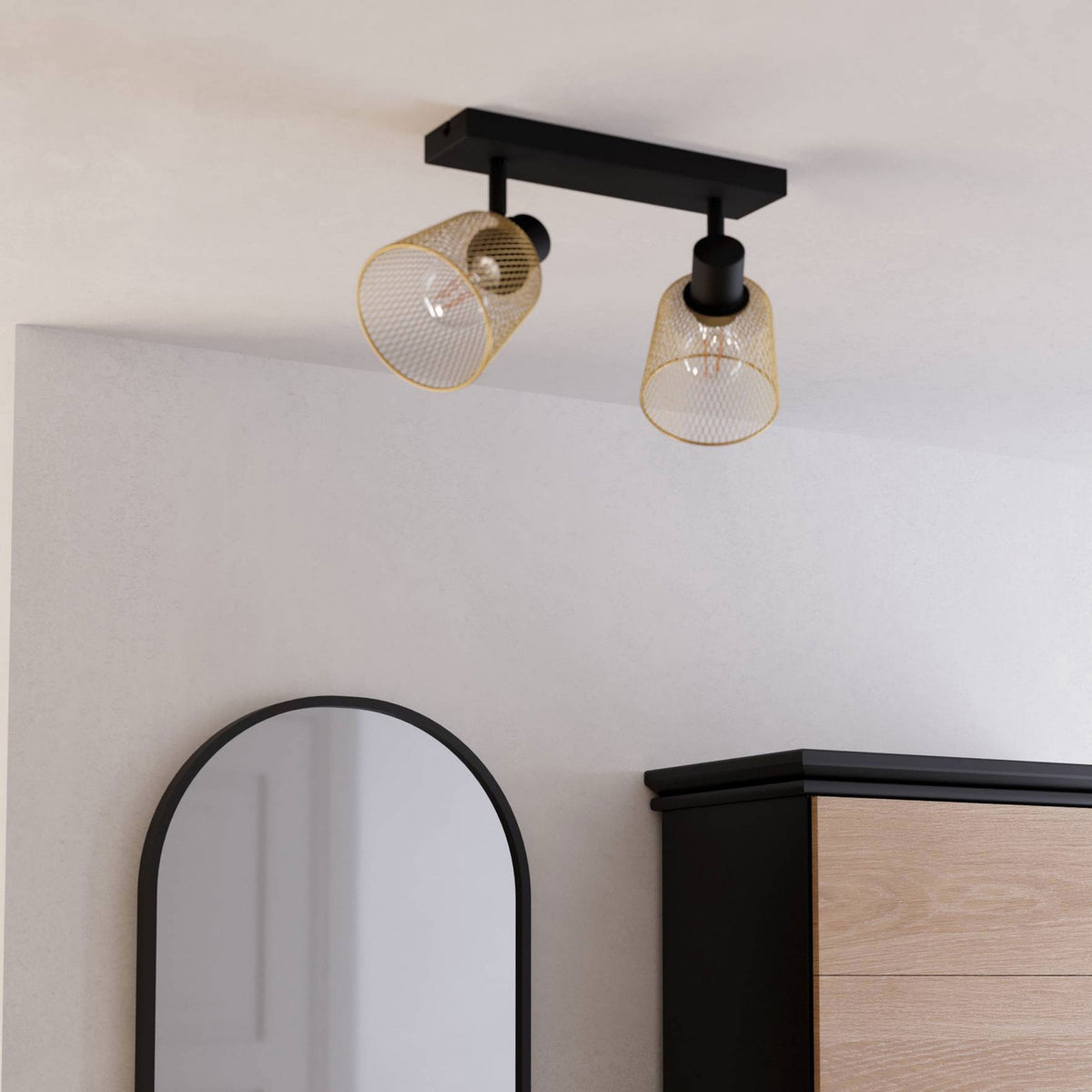 Coslada Twin Spotlight in Black and Brass Wire Mesh Shades