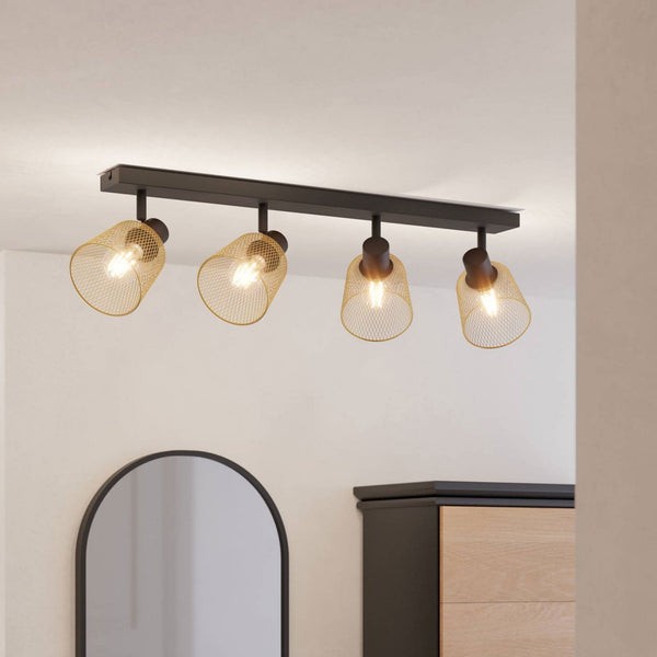 Coslada Quad Spotlight in Black and Brass Wire Mesh Shades