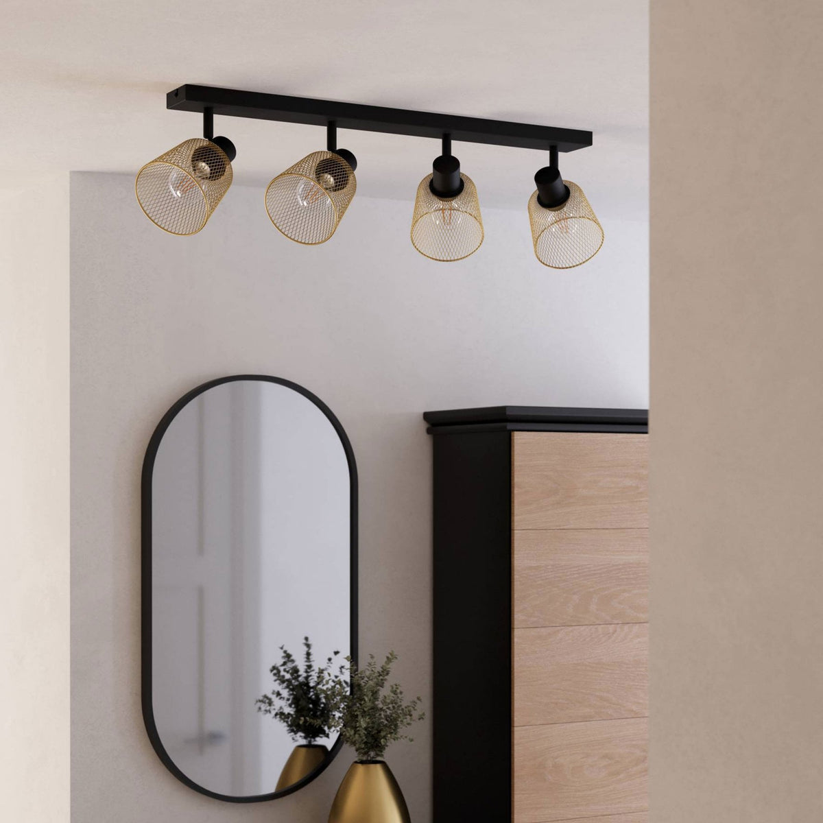 Coslada Quad Spotlight in Black and Brass Wire Mesh Shades