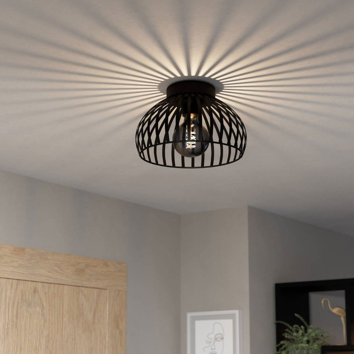 A black ceiling light with a dome-shaped cage design casting a decorative shadow pattern on the ceiling.