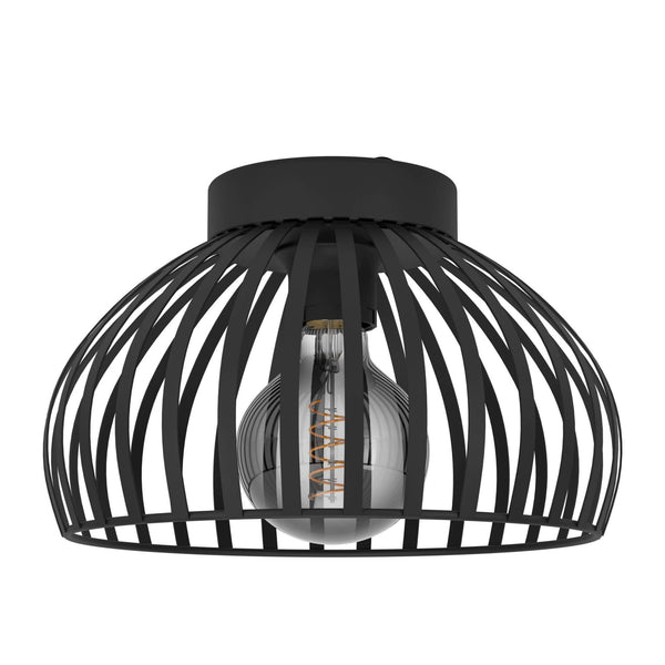 A black dome-shaped cage ceiling light with an exposed vintage-style bulb.