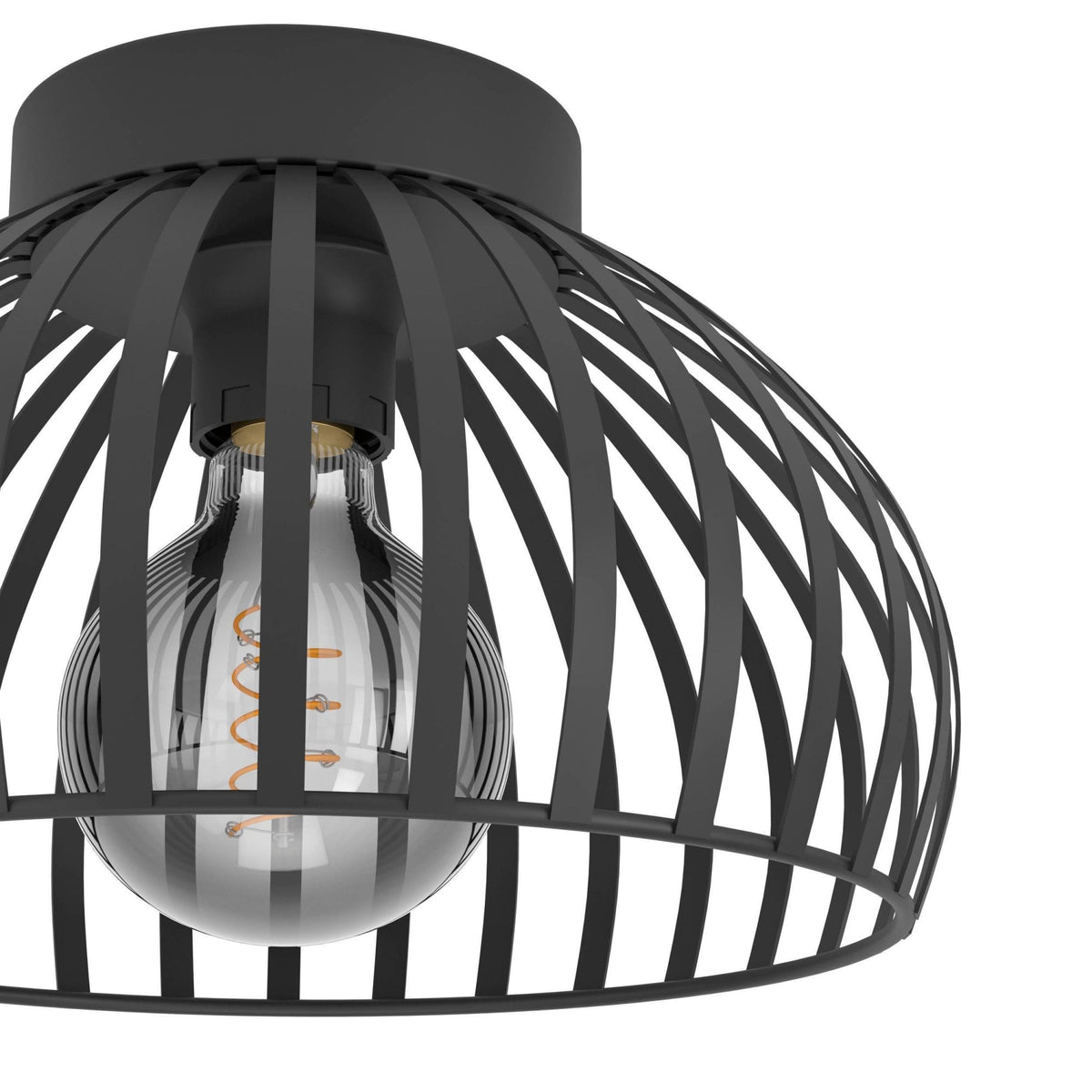 A close-up view of the black dome-shaped cage ceiling light showing the exposed bulb.