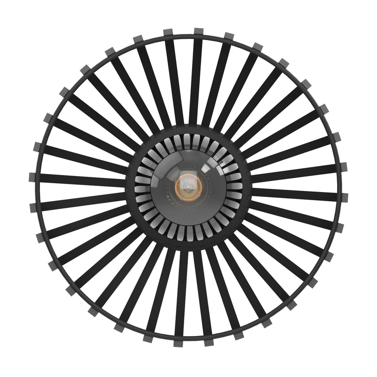 A top-down view of the black dome-shaped cage ceiling light, showcasing its circular design.
