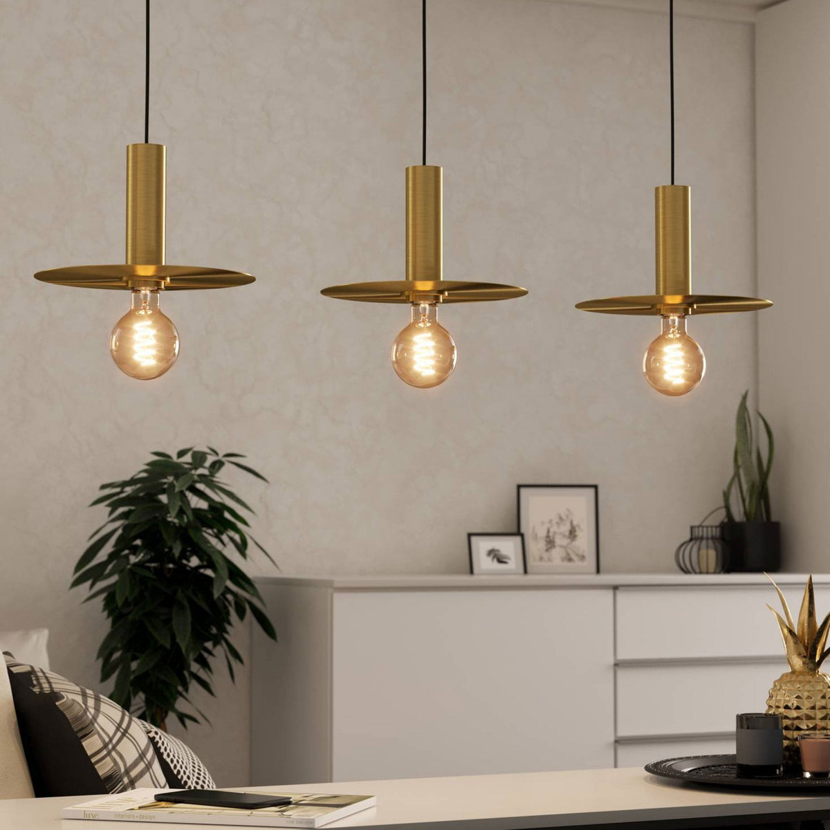 Escandell Triple Drop Linear Pendant in Brushed Brass