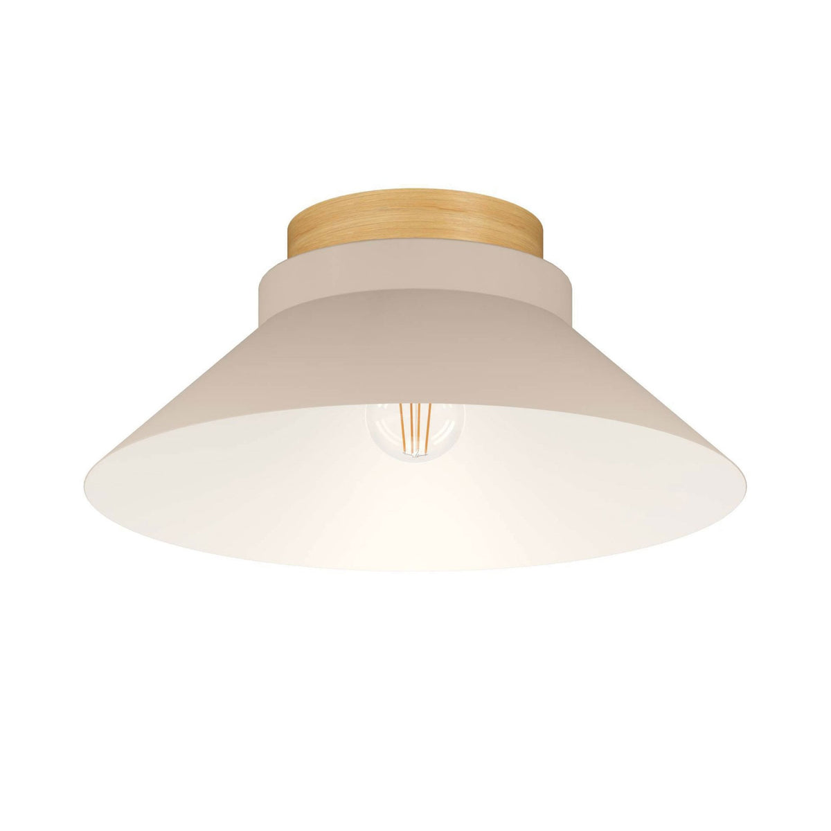 A modern beige flush mount light with a light wood top on a white background.