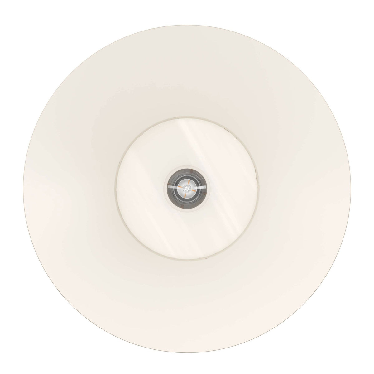 Bottom-up view of a circular beige flush mount light with a central silver component.