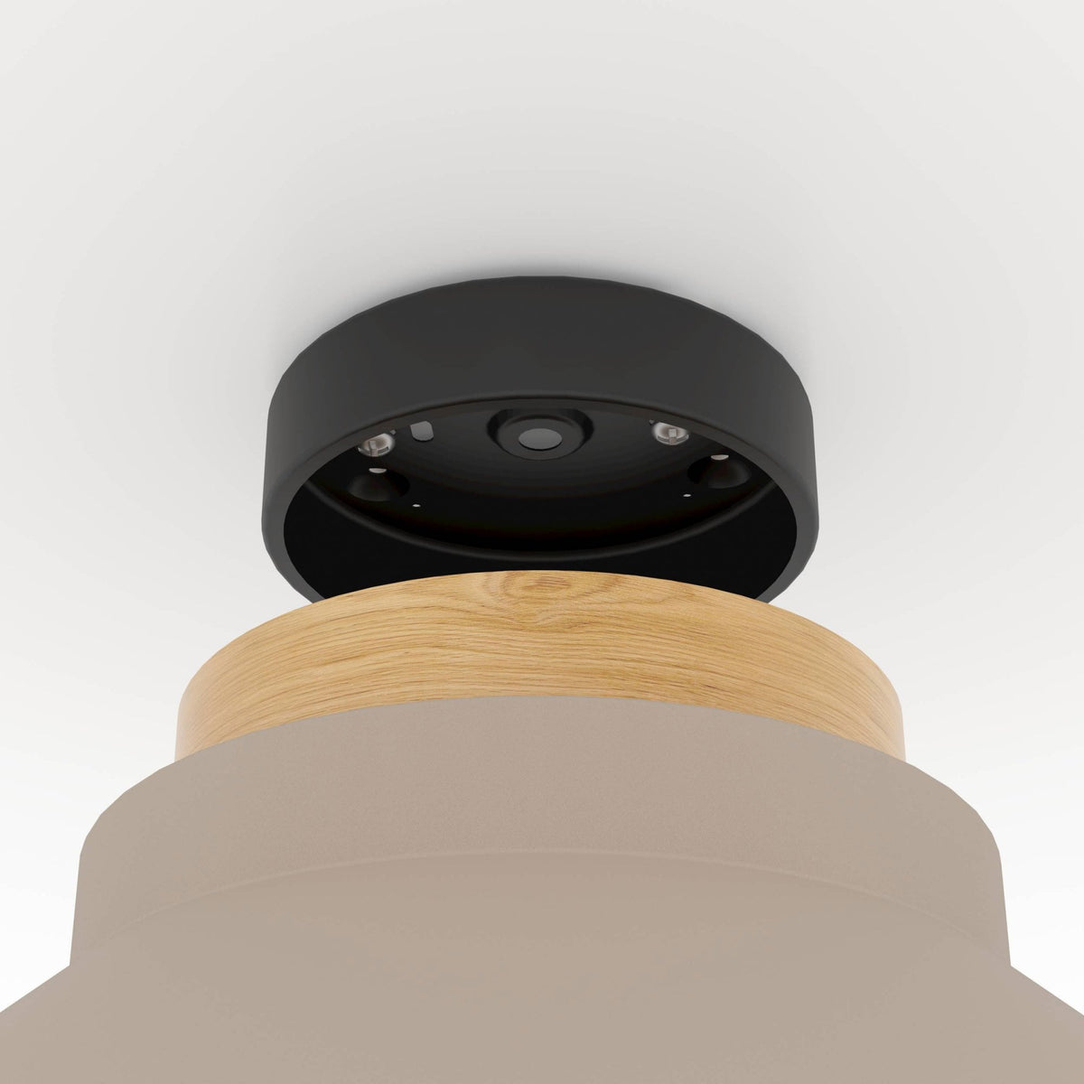 Close-up of the light wood accent and beige base with a black mounting fixture above.