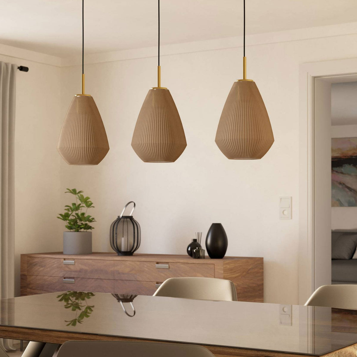 Caprarola Triple Drop Linear Pendant with Satin Sandy Coloured Glass Diffusers