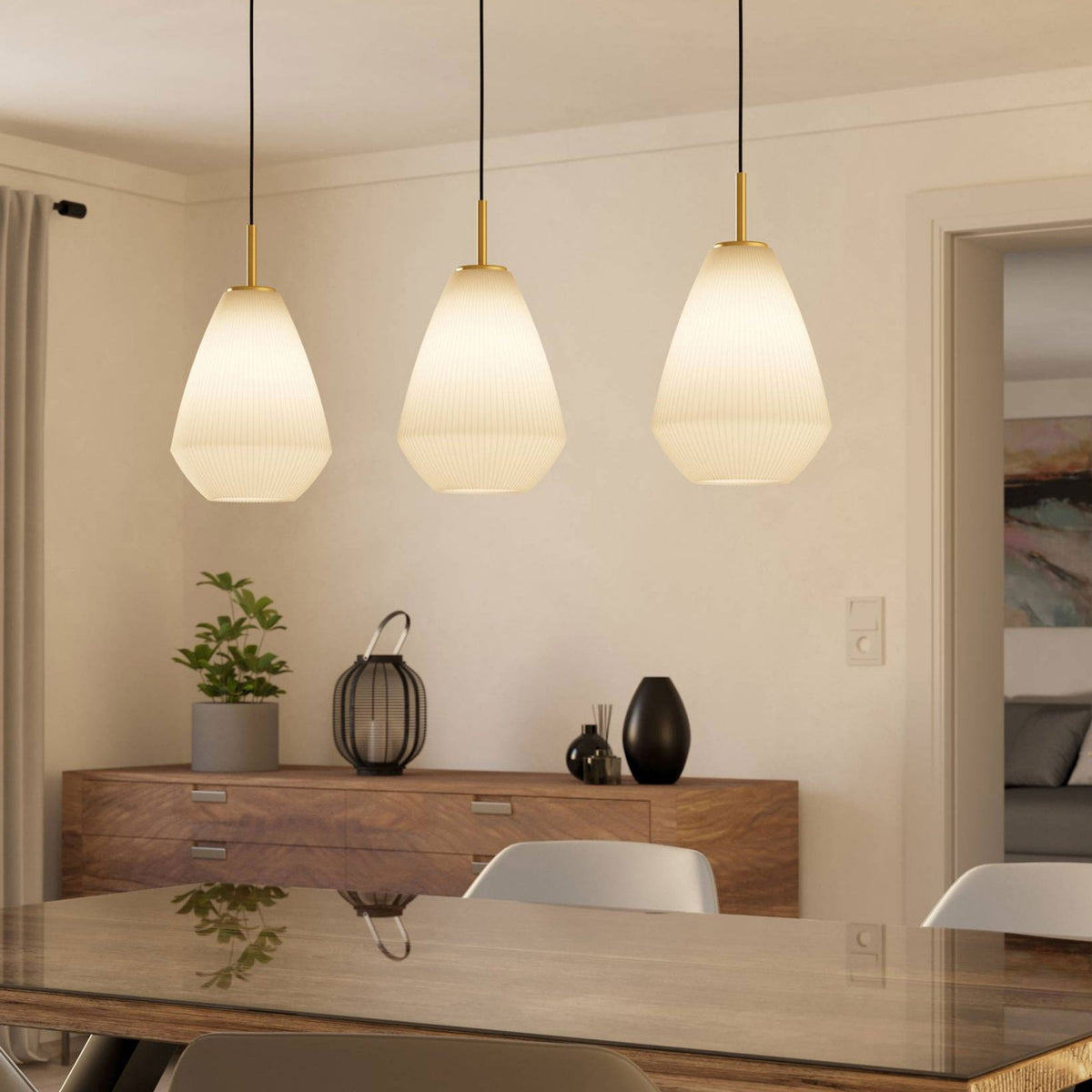 Caprarola Triple Drop Linear Pendant with Satin Sandy Coloured Glass Diffusers