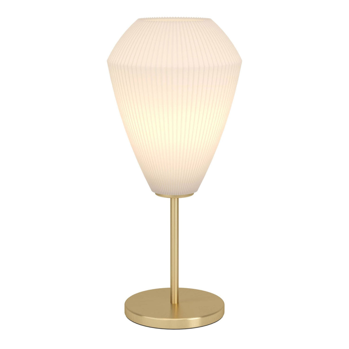 A white pleated table lamp with a warm glow and a brass base.