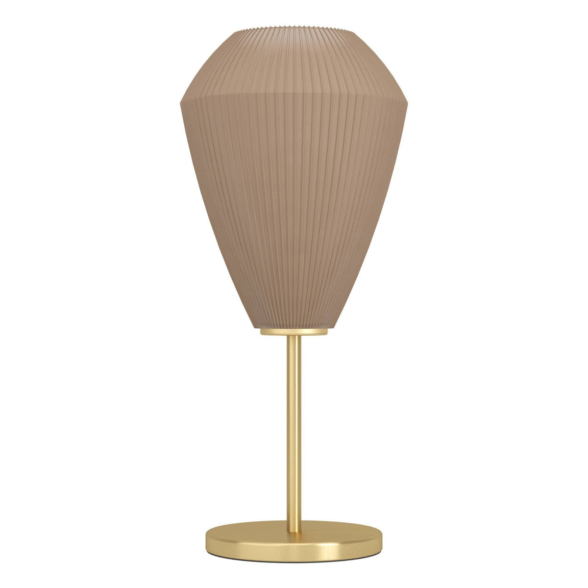 A beige pleated table lamp with a brass base and stem.