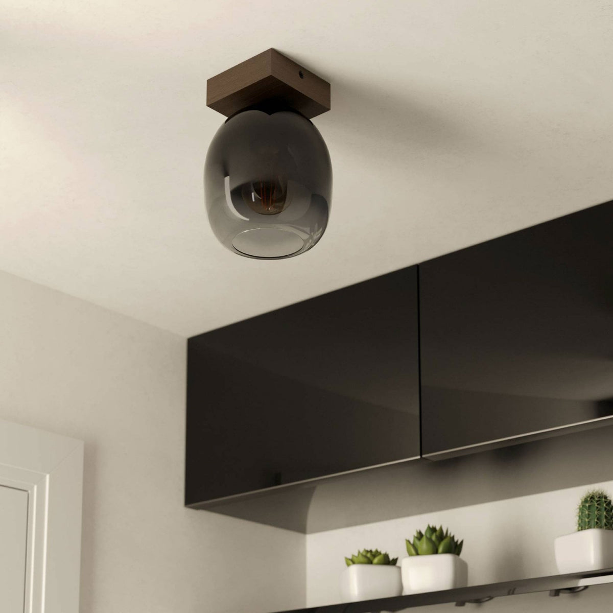 Filago Single Ceiling Light with Wooden Base & Glass Shade