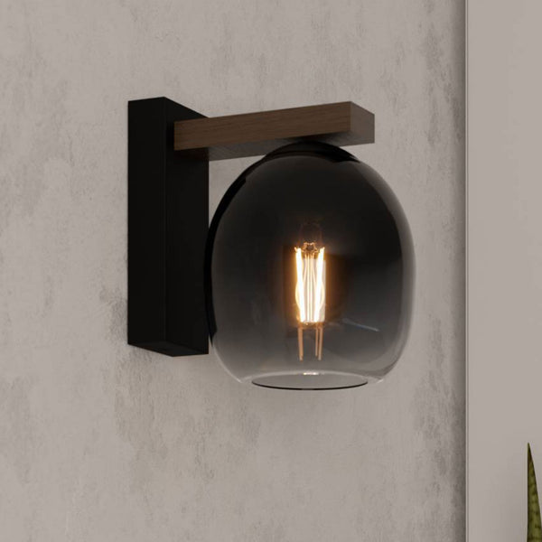 Filago Wall Light in Black with Wooden Bar & Glass Shade
