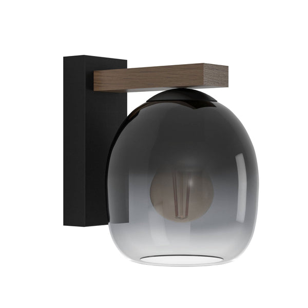 Filago Wall Light in Black with Wooden Bar & Glass Shade
