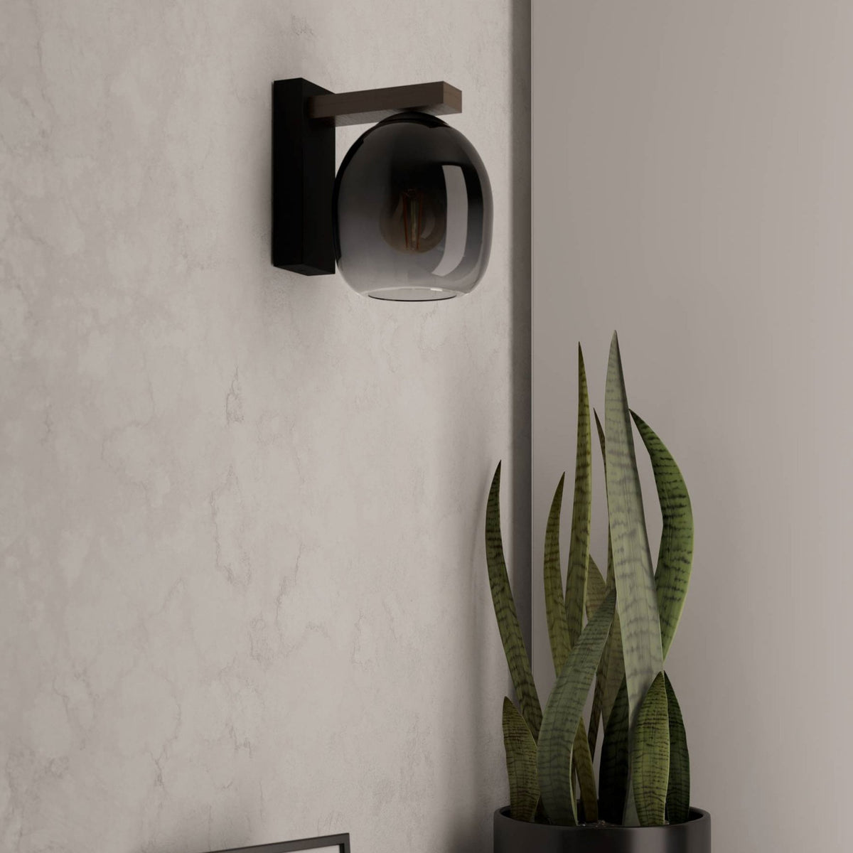 Filago Wall Light in Black with Wooden Bar & Glass Shade