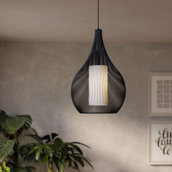 Razoni 325mm Single Drop Pendant in Black with Inner White Glass Diffuser