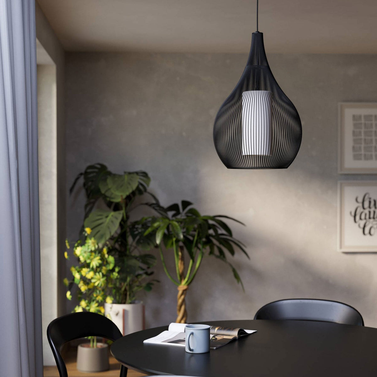 Razoni 325mm Single Drop Pendant in Black with Inner White Glass Diffuser