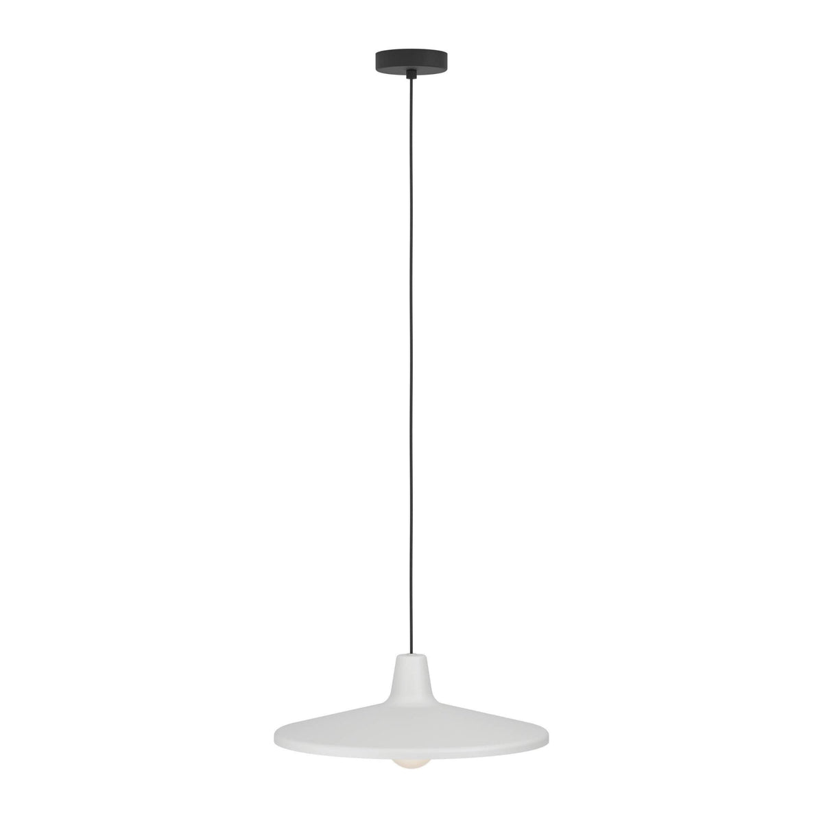 A minimalist white ceiling lamp with a concealed bulb, suspended from a black ceiling fixture.
