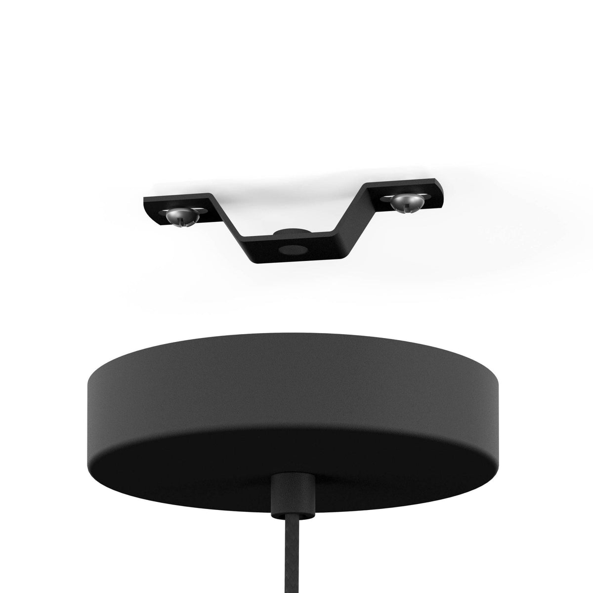 The black mounting bracket and circular base of a ceiling lamp shown against a white background.