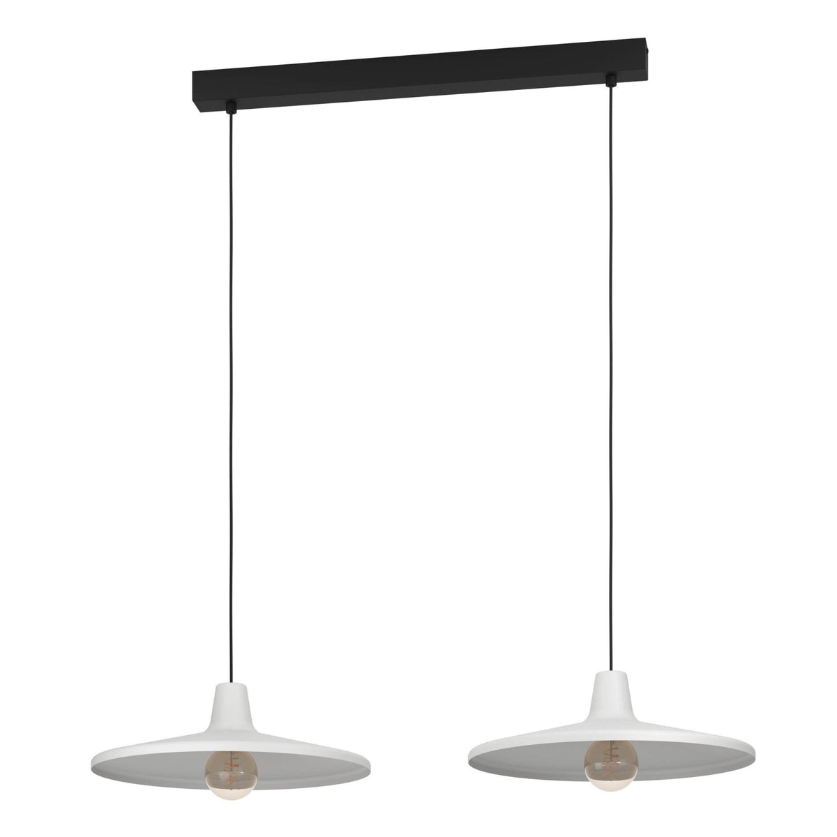 Eglo Miniere Twin Drop Linear Pendant in Grey with two white shades and exposed bulbs