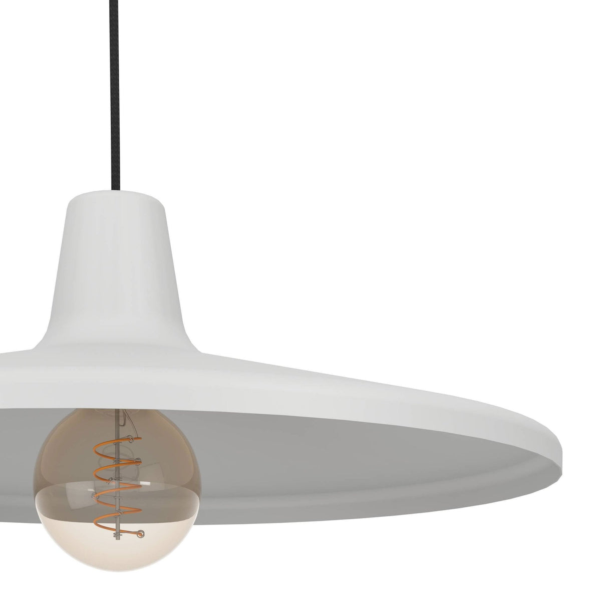White pendant light with a wide, flat shade and a visible spiral filament bulb