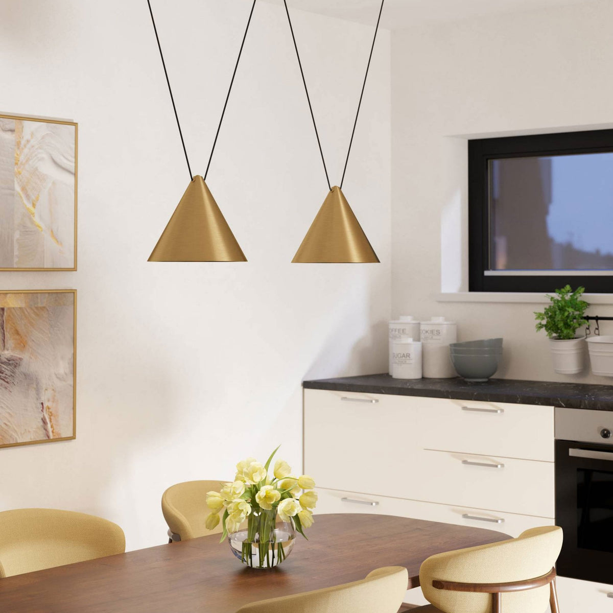 Narices Twin Drop Flexible Linear Pendant with Brushed Brass Shades