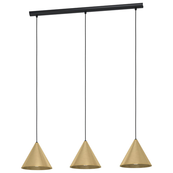 Three brass cone pendant lights hang from a black linear bar.