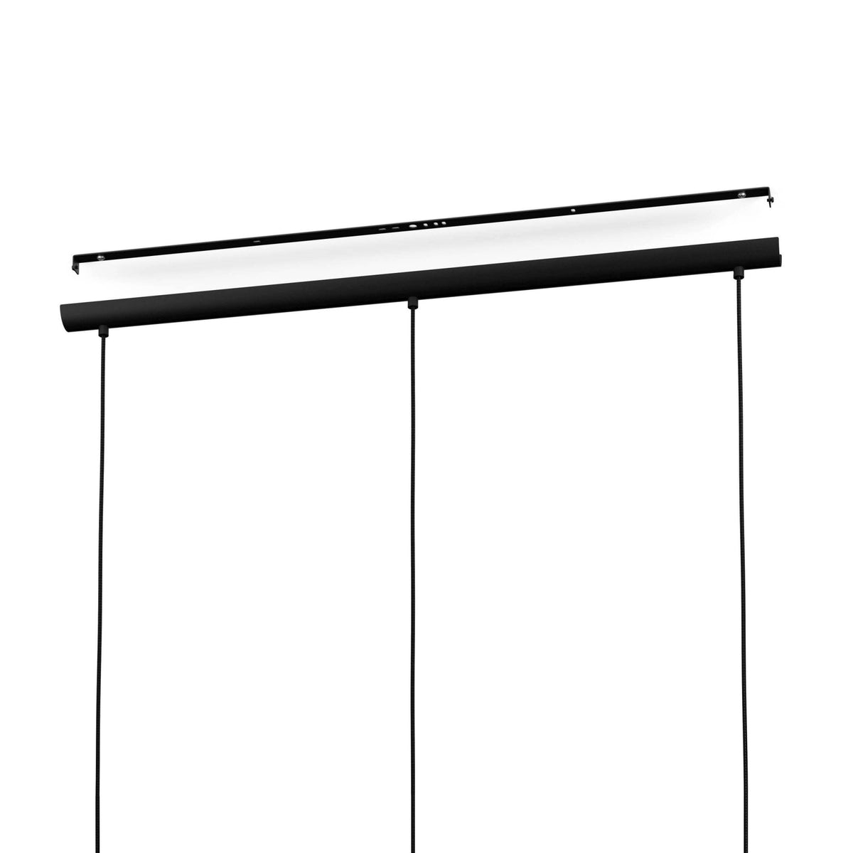 A close-up of the black linear bar with three hanging cords for pendant lights.