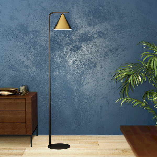Narices Floor Lamp in Black with Brushed Brass Shade with Gold Inner