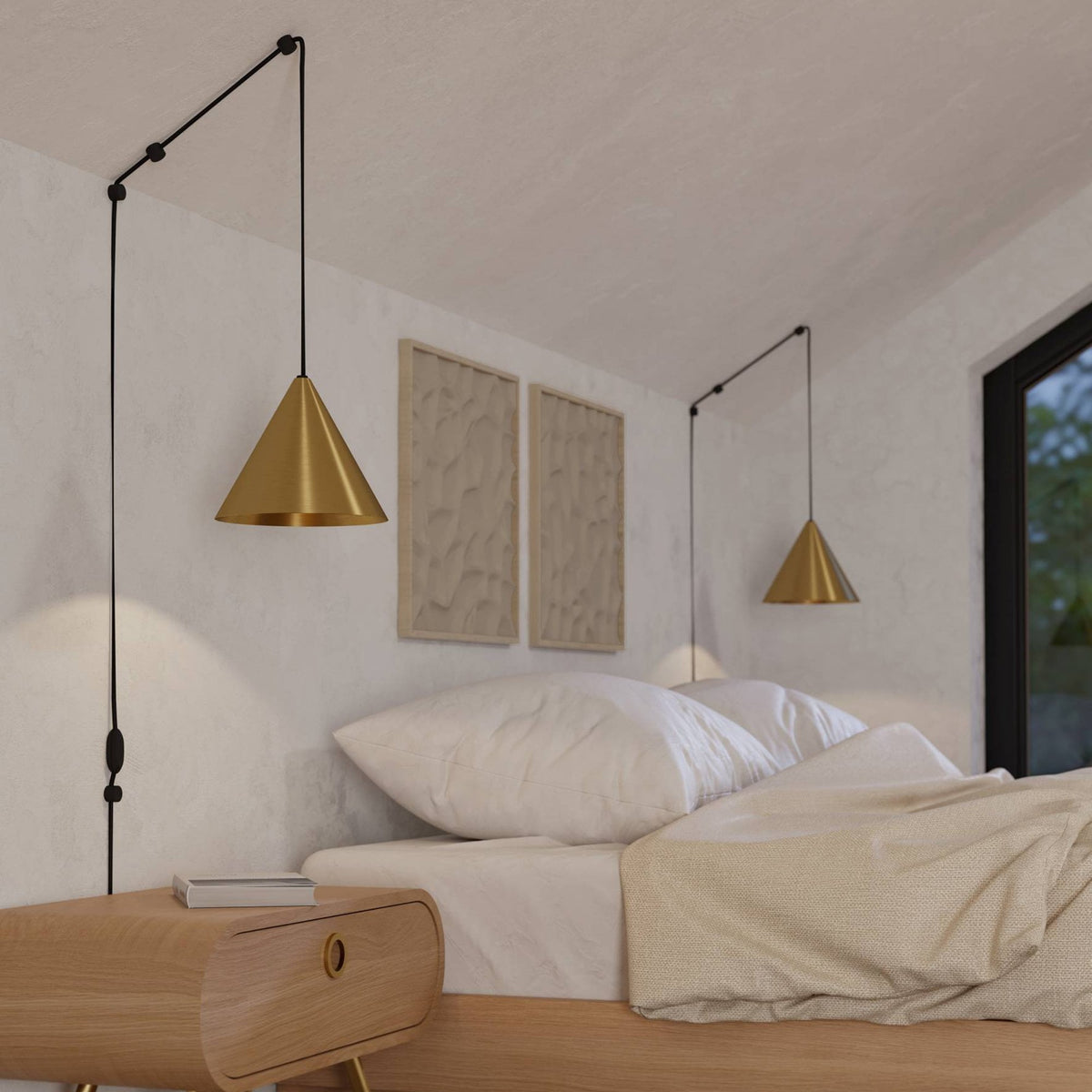 Narices Plug In Pendant with Brushed Brass Shade with Gold Inner