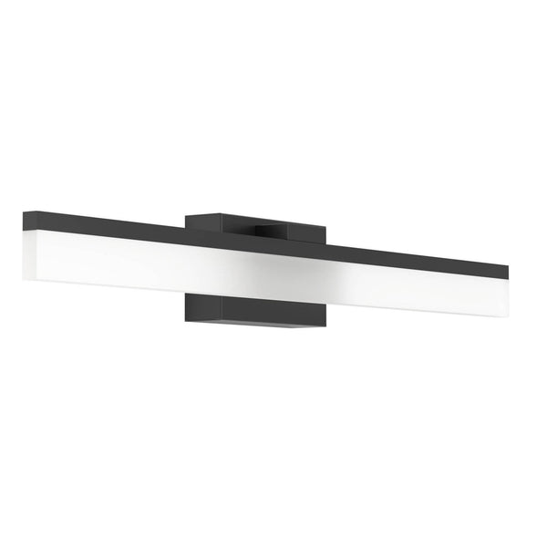 A sleek black rectangular LED mirror light, off, shown at an angle against a white background.