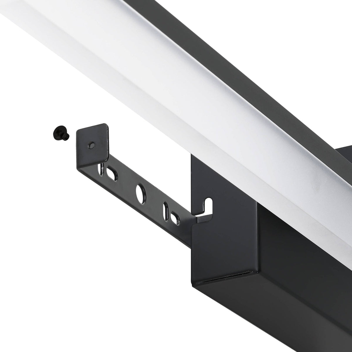A close-up of the mounting bracket for a black LED bathroom mirror light with a screw.