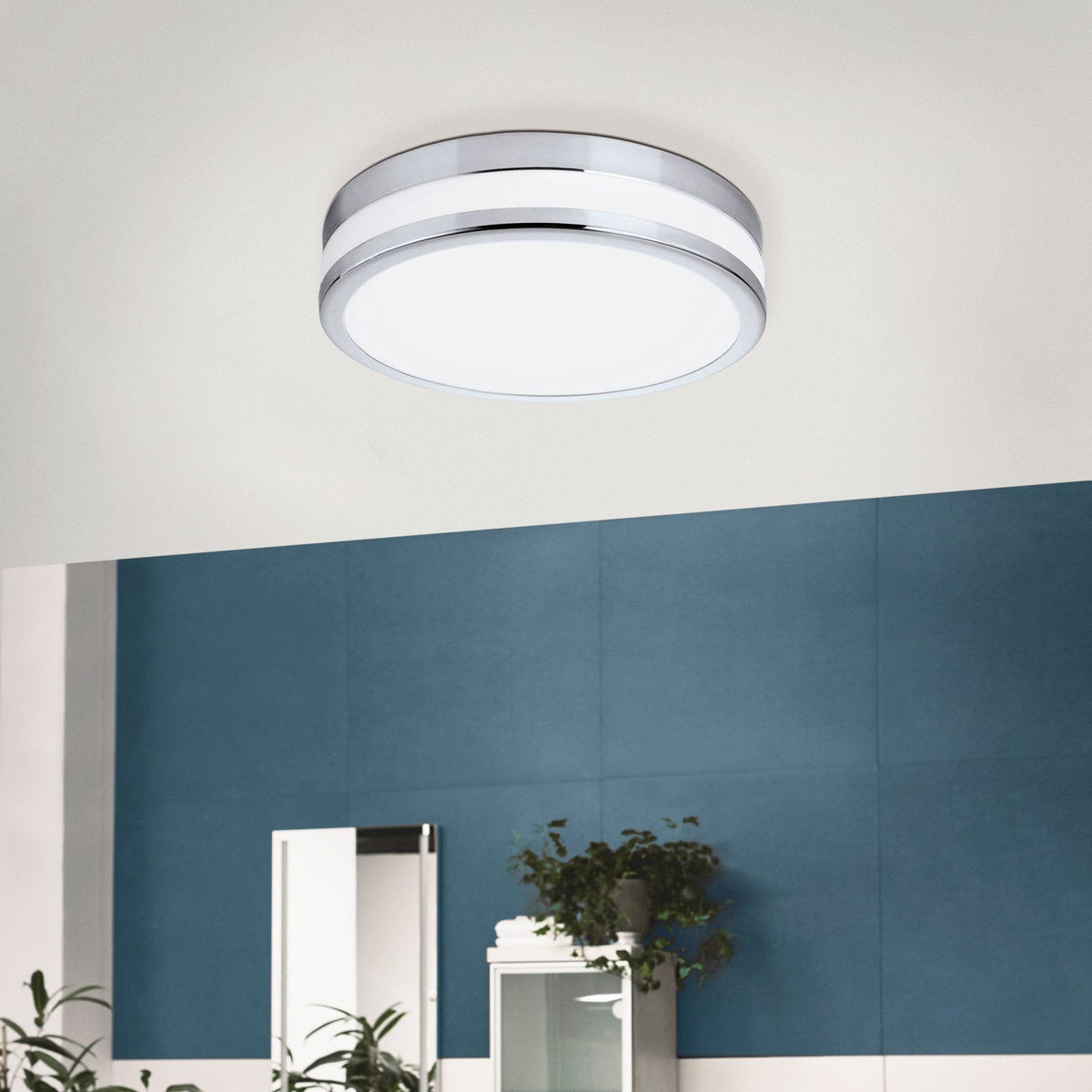 Palermo LED 225mm IP44 Ceiling Light in Chrome & White Satin Glass