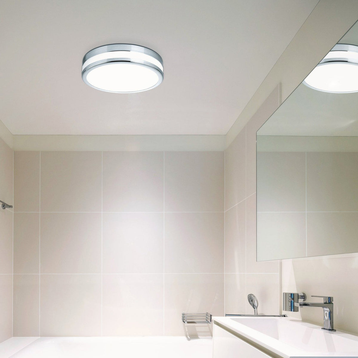 Palermo LED 295mm IP44 Ceiling Light in Chrome & White Satin Glass